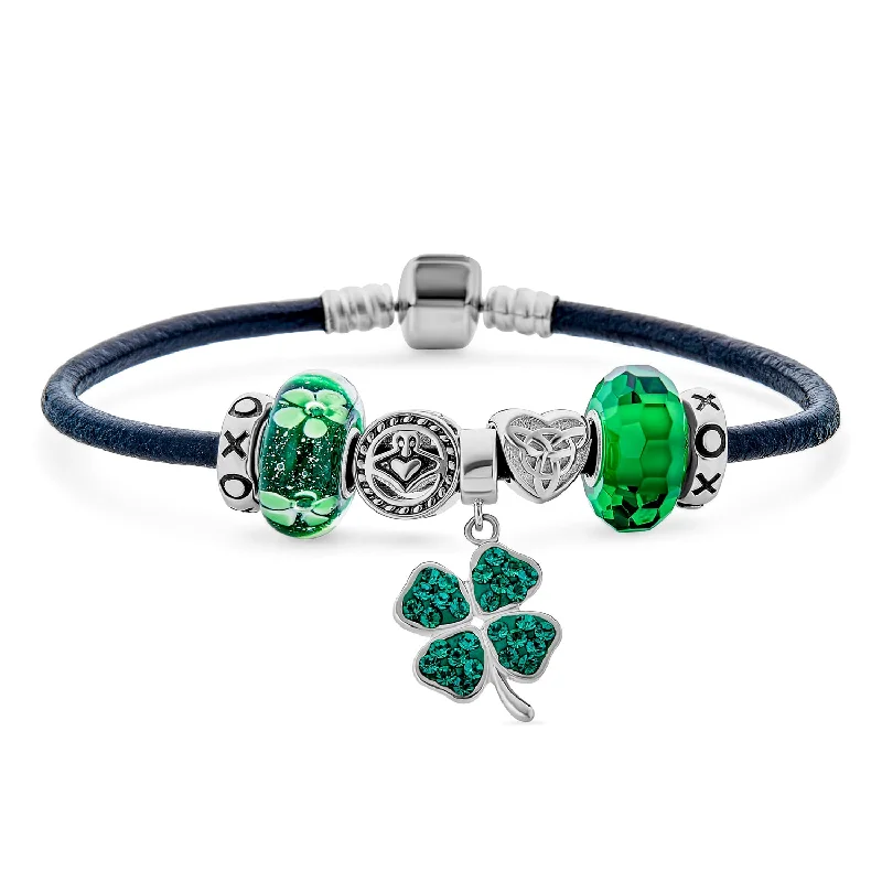 Wedding Bracelets-Celtic Clover Charm Bracelet with Irish Knot and Claddagh Bead on Leather 7.5 Inch