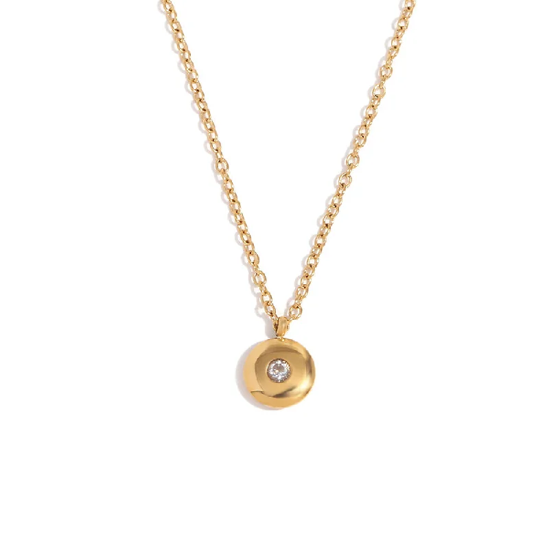 Minimalist December Birth Stone Round Card Small Pendant Necklace - Gold - April 21 White Zirconia