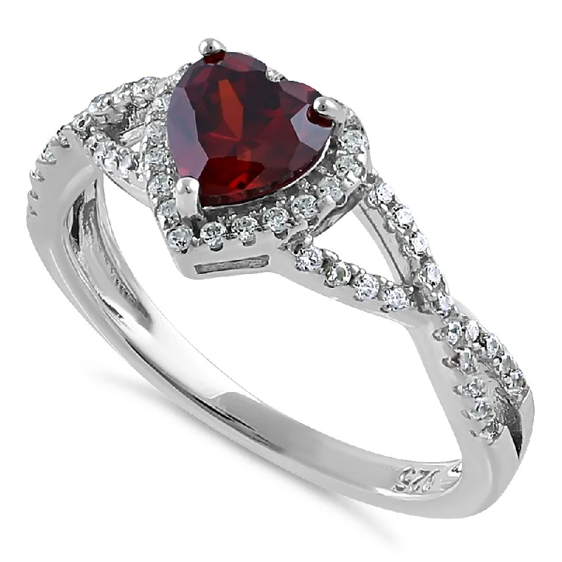 Cocktail Rings-Sterling Silver Heart Halo Twist Garnet CZ Ring