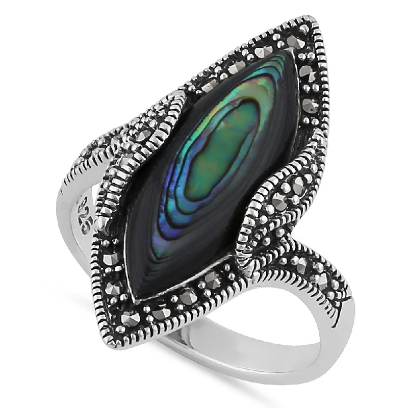 Silver Engagement Rings for Women-Sterling Silver Abalone Marquise Marcasite Ring