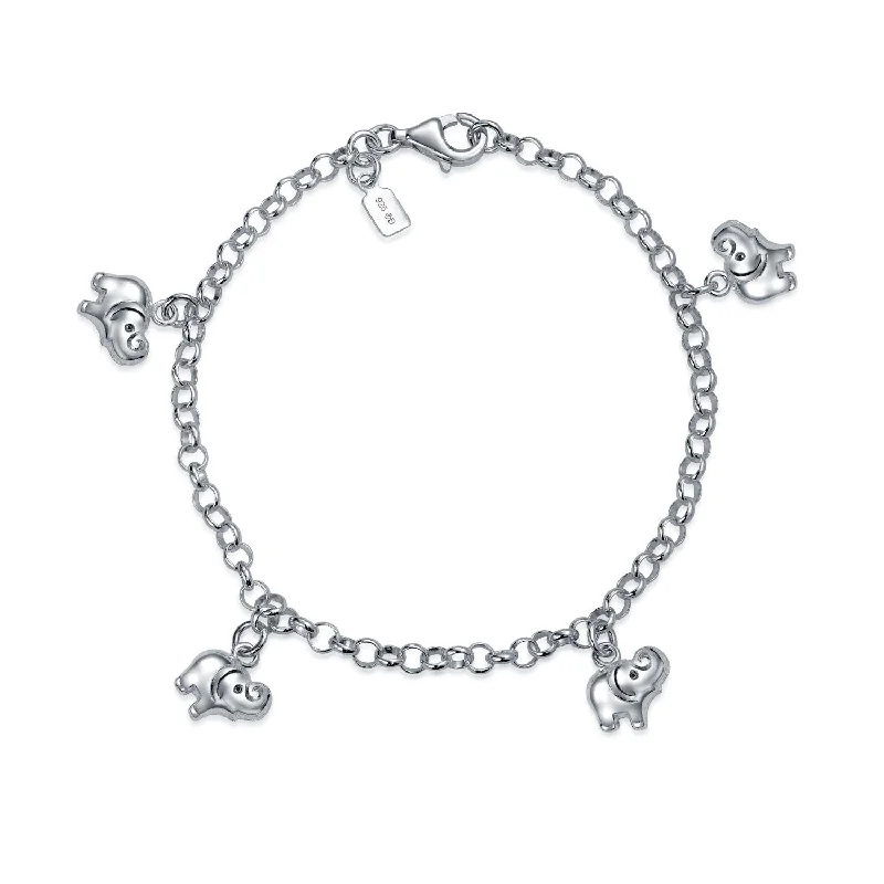 Men’s Statement Bracelets-5 Dangling Good Luck Elephant Charm Bracelet .925Sterling Silver