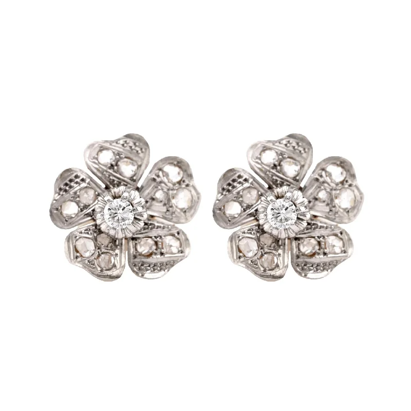 Handmade Earrings-Mid-Century Diamond 18K Yellow White Gold Flower Studs