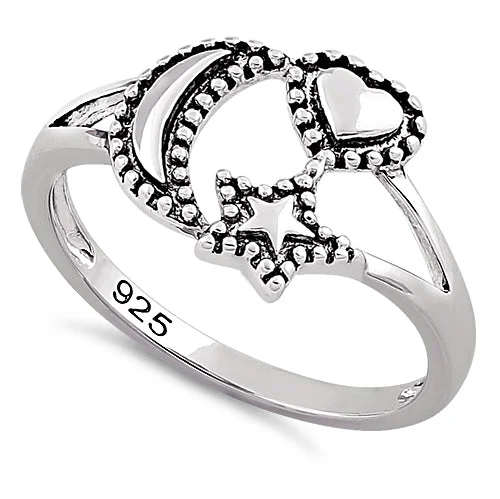 Statement Wedding Rings-Sterling Silver Moon Star Heart Ring