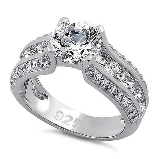 Contemporary Rings-Sterling Silver Round & Princess Cut Clear CZ Ring