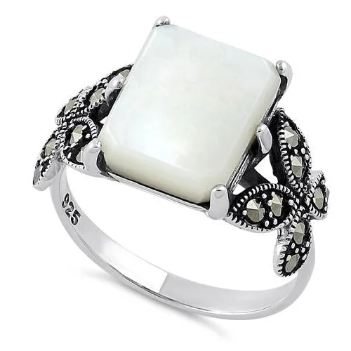 Personalized Rings-Sterling Silver Mother of Pearl Square Butterfly Marcasite Ring