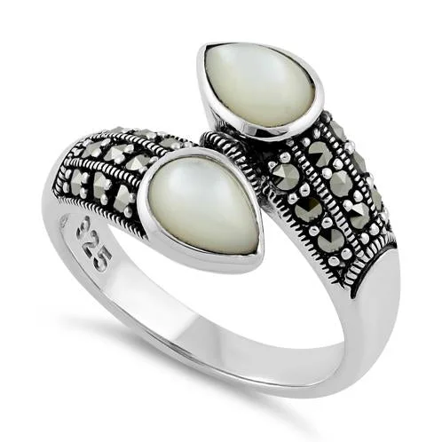 Trendy Gold Rings-Sterling Silver Marcasite Pear Shape Mother of Pearl Ring