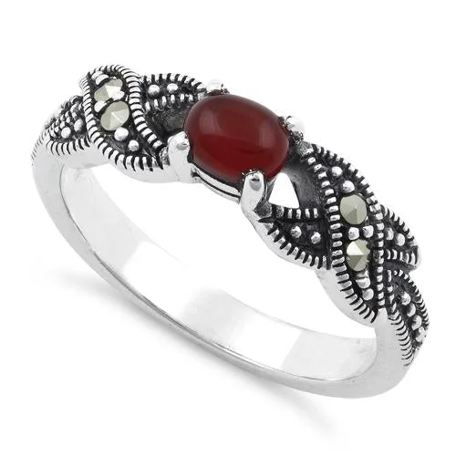 Custom Family Rings for Women-Sterling Silver Oval Red Agate Marcasite Ring