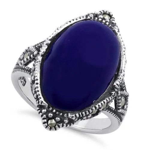 Gold Rings-Sterling Silver Oval Blue Lapis Marcasite Ring