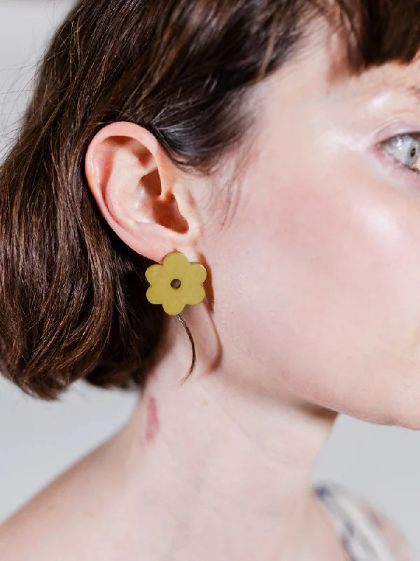 Gold Earrings with Diamonds-Retro Bloom Studs - Chartreuse