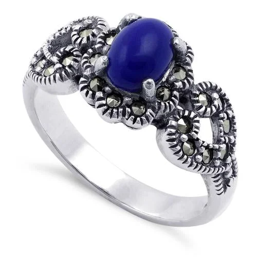 Vintage Style Rings-Sterling Silver Blue Lapis Flower Hearts Marcasite Ring