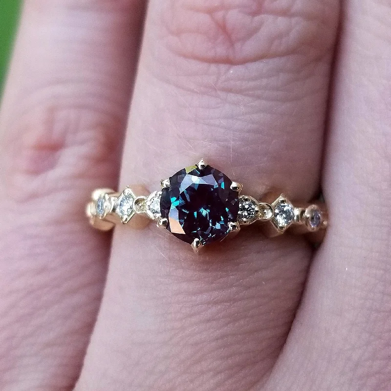 Black Diamond Rings-Ready to Ship Size 6-8 Mini Moon Chatham Alexandrite Diamond Engagement Ring - Crescents and White Diamonds - Modern Bridal