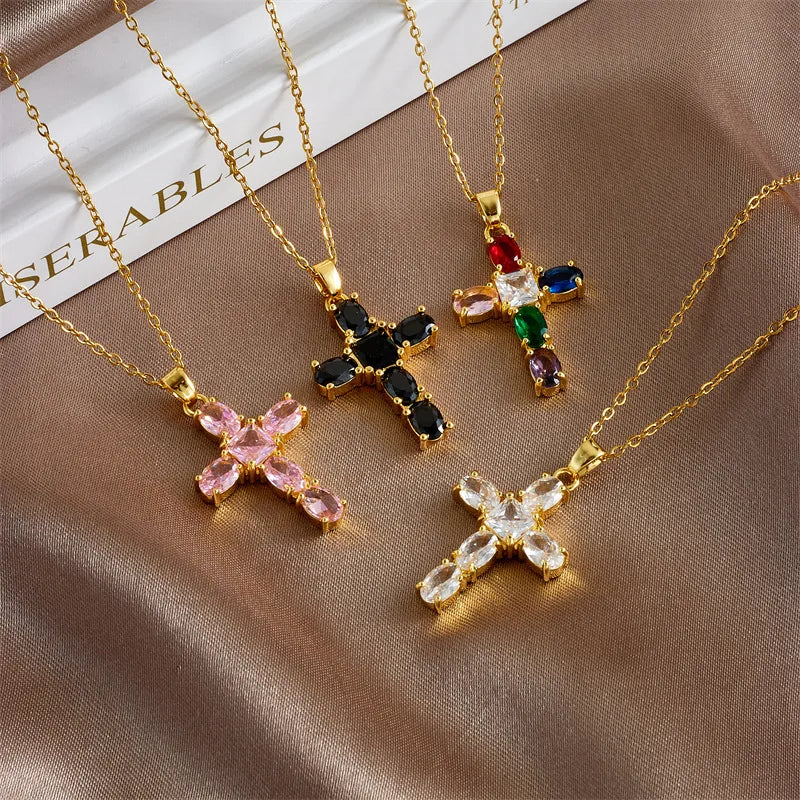 Friendship Necklaces-Copper Gold Plated Basic Modern Style Classic Style Plating Inlay Geometric Cross Rhinestones Pendant Necklace