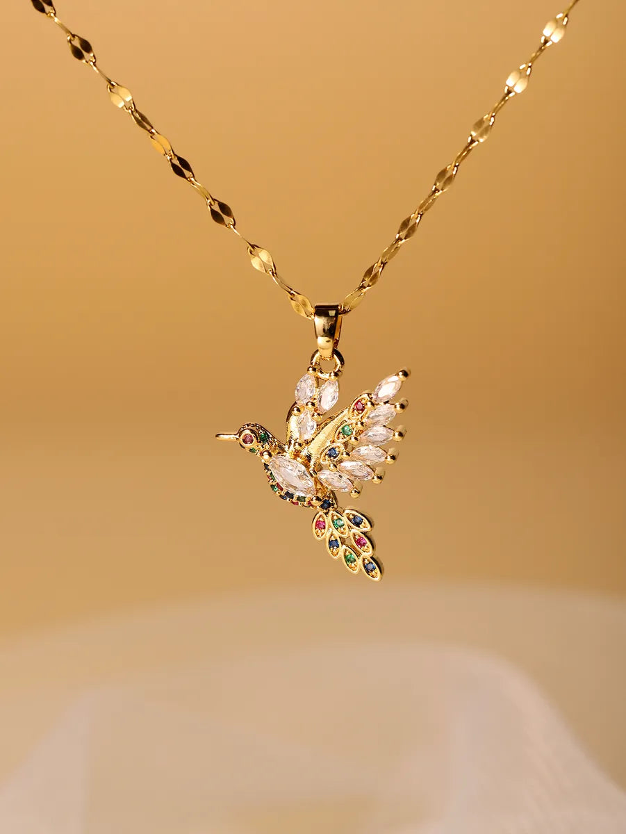 Colorful Necklaces-Elegant Glam Luxurious Bird Stainless Steel Plating Inlay Zircon 18k Gold Plated Pendant Necklace