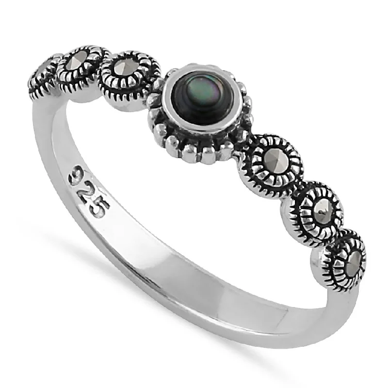 Pearl Rings-Sterling Silver Small Round Abalone Marcasite Ring