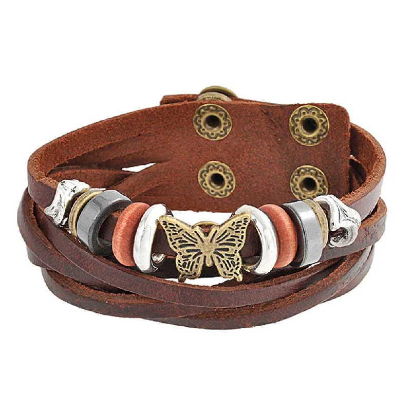 Spiritual Bracelets-Wide Butterfly Charm Brown Multi Strand Wrap Bracelet with Gold Tone Snaps