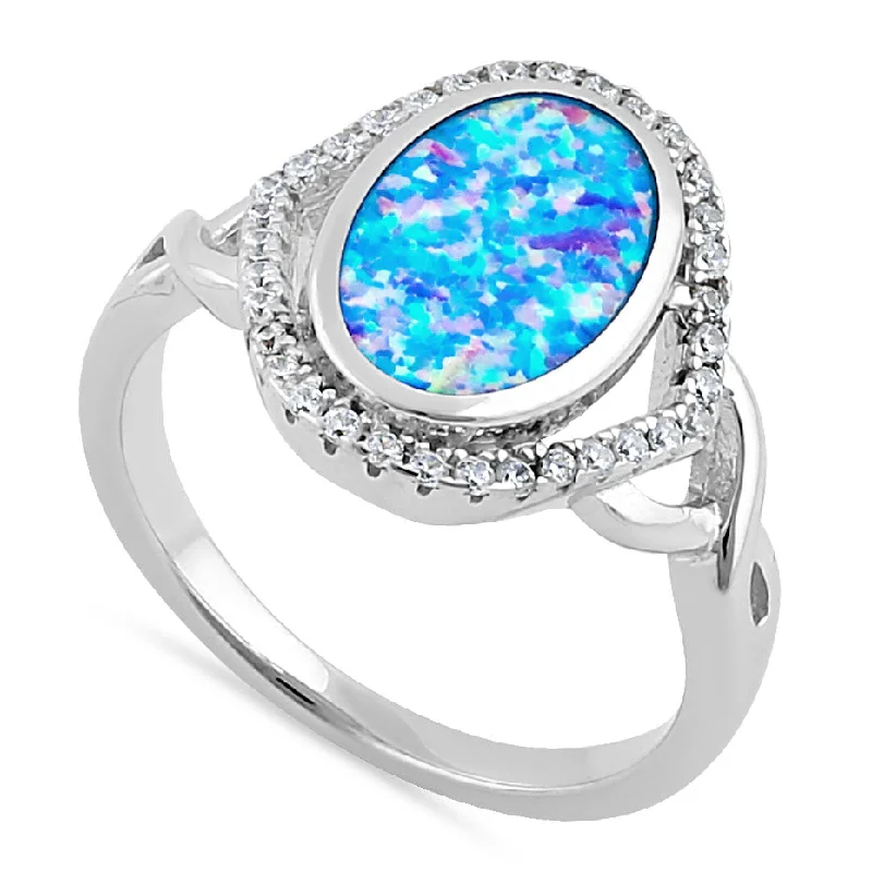 Stacking Diamond Rings-Sterling Silver Blue Lavender Lab Opal Oval Halo CZ Ring