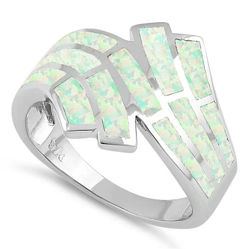 Stylish Rings-Sterling Silver Crooked White Lab Opal Ring