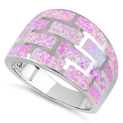 Silver Wedding Rings-Sterling Silver Pink Bricks Lab Opal Ring