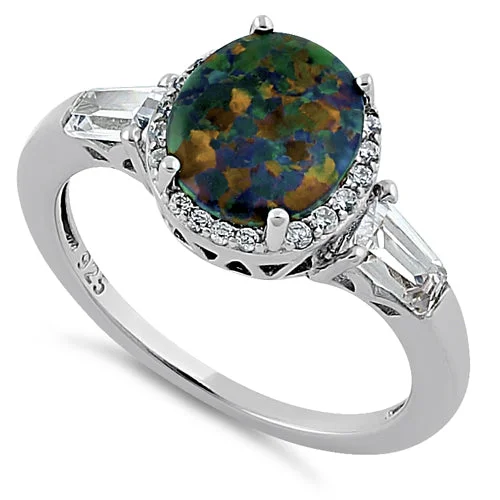 Emerald Rings-Sterling Silver Dazzling Oval Green-Black Lab Opal CZ Ring