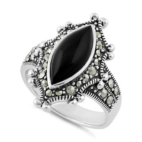 Birthstone Promise Rings-Sterling Silver Marquise Black Onyx Marcasite Ring