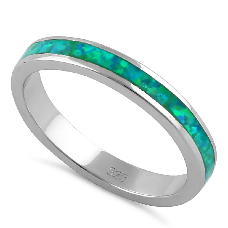 Custom Signet Rings-Sterling Silver Seamless Green Lab Opal Ring