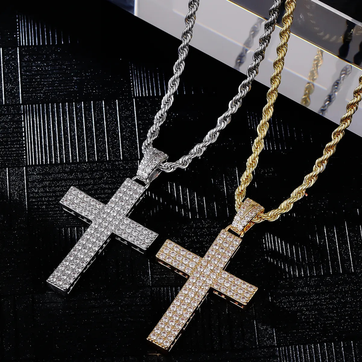 Swarovski Crystal Necklaces-Hip-Hop Cross 304 Stainless Steel Copper Plating Inlay Zircon K Gold Plated Rhodium Plated Men'S Pendant Necklace