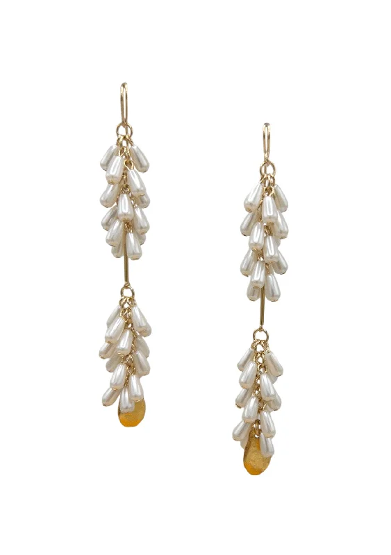 Ruby Earrings-Long Faux Pearl Cluster Gold Drop Earrings