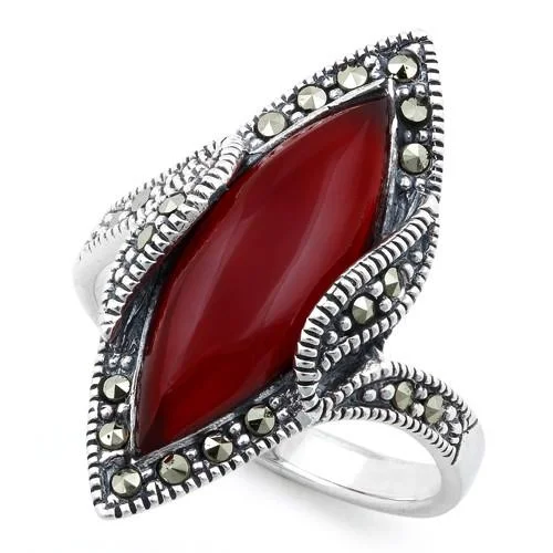 Wedding Ring Stacks-Sterling Silver Red Agate Marquise Marcasite Ring