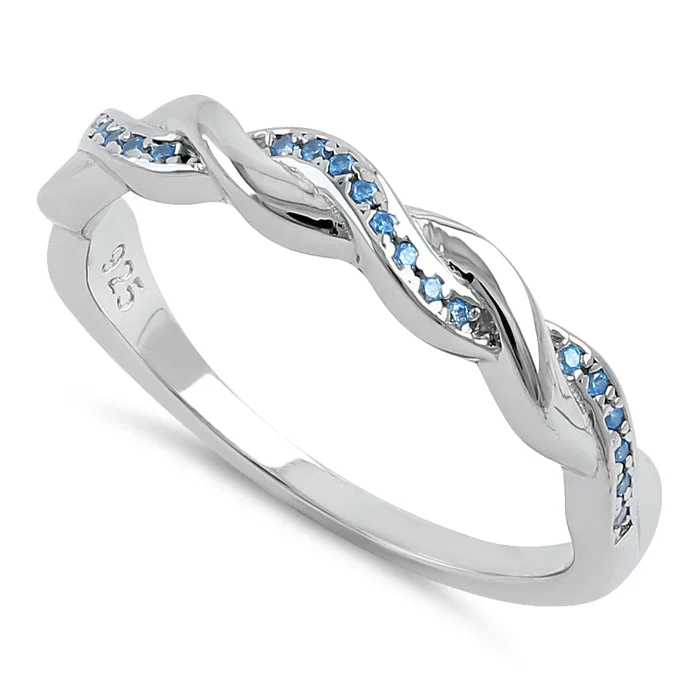 Stackable Silver Rings-Sterling Silver Braided Aqua Blue CZ Ring