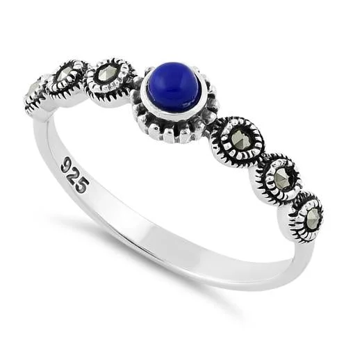 Elegant Diamond Rings-Sterling Silver Small Round Blue Lapis Marcasite Ring