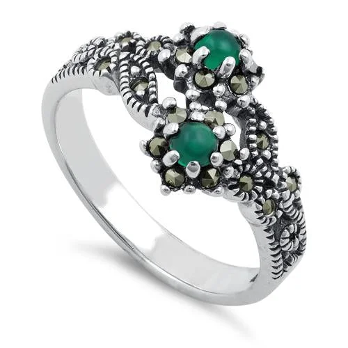 Black Gold Rings-Sterling Silver Green Agate Double Flower Marcasite Ring