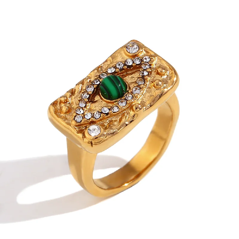 Malachite Eye Zircon Water Diamond Square Ring - Gold Size 6