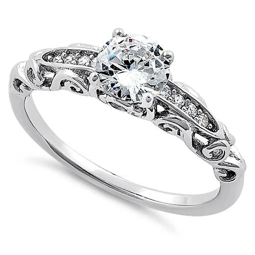 Classic Rings-Sterling Silver Timeless Round Cut Clear CZ Engagement Ring