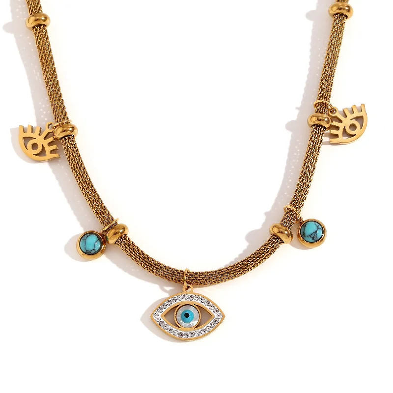 Mesh Chain Beaded Turquoise Eye Necklace - Gold