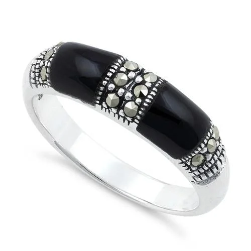 Heart Shaped Engagement Rings-Sterling Silver Double Black Onyx Marcasite Ring