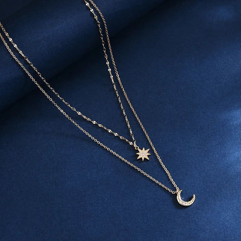 Cute Necklaces-Lady Korean Style Star Moon Copper Inlay Zircon White Gold Plated Gold Plated Layered Necklaces