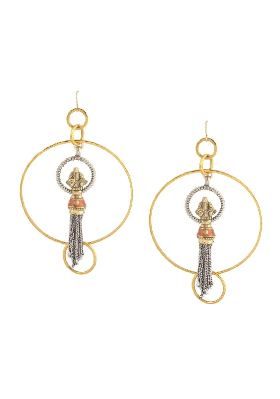 Unique Silver Earrings-Ethnic Coral and Brass Tassel Gold Hoop Earrings