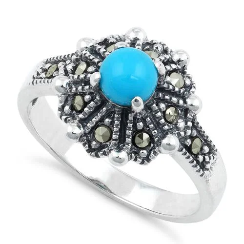 Princess Cut Rings-Sterling Silver Round Simulated Turquoise Flower Marcasite Ring