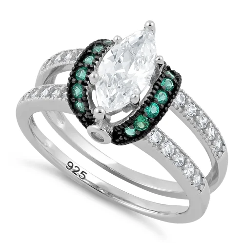 Stylish Rings-Sterling Silver Clear Marquise Emerald CZ Black Plating Ring