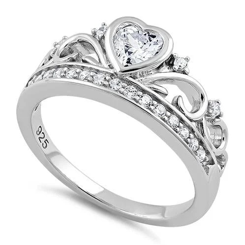 Women’s Birthstone Rings-Sterling Silver Heart Crown Clear CZ Ring