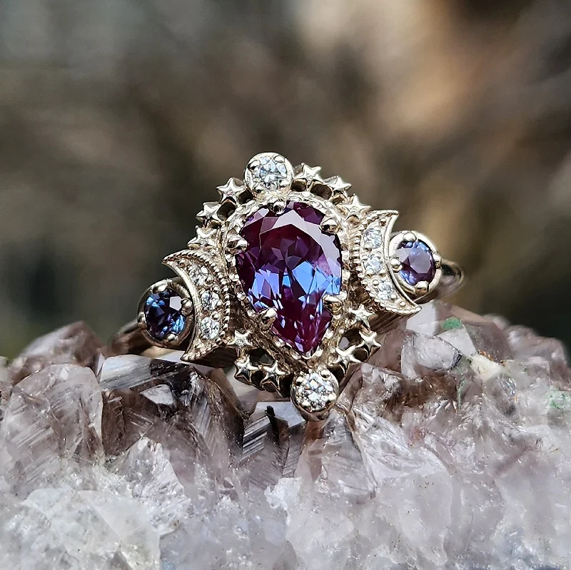 Spiritual Rings-Pear Cosmos Moon Ring with Chatham Alexandrite and Diamonds - Star Engagement Ring