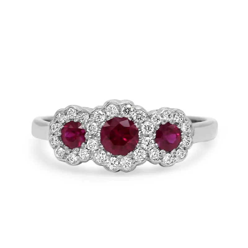 Birthstone Rings-Handmade Platinum Diamond & Ruby Triple Cluster Ring