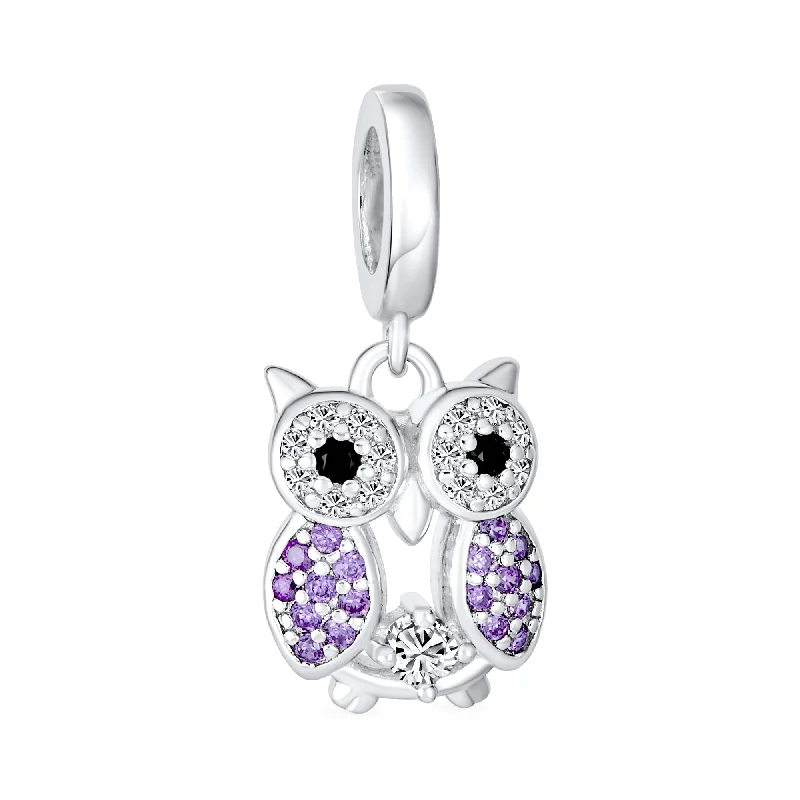 Adjustable Crystal Bracelets-Wise Graduate Owl Bird Purple CZ Charm Bead for Students Sterling Silver Fits European Bracelet