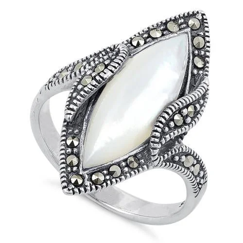 Women’s Diamond Rings-Sterling Silver Mother of Pearl Marquise Marcasite Ring