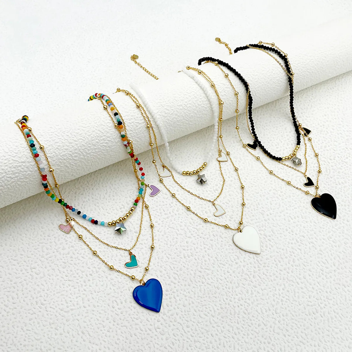 Crystal Choker Necklaces-Elegant French Style Heart Shape Stainless Steel Layered Enamel Plating Gold Plated Three Layer Necklace