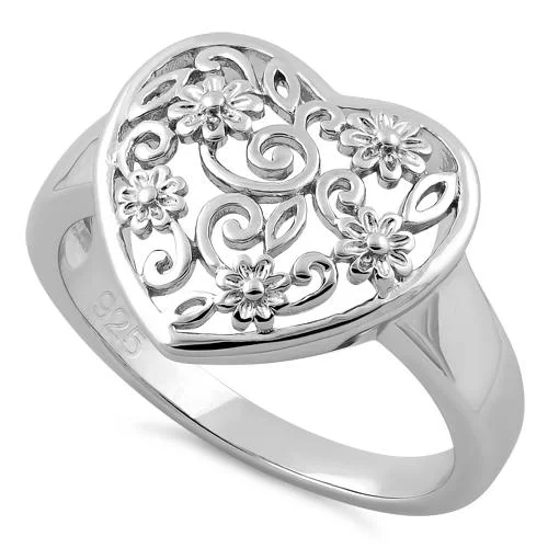 Fashion Gemstone Rings-Sterling Silver Flower Vine Heart Ring