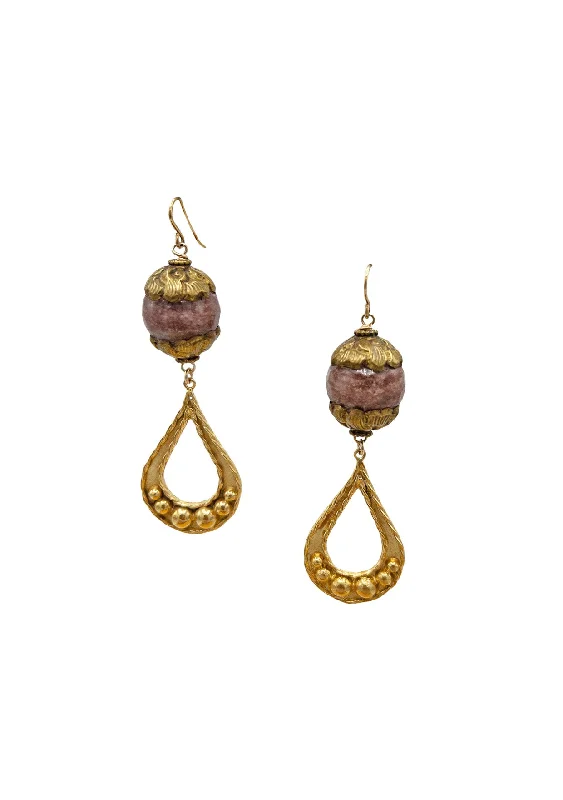 Dangle Earrings-Antique Gold & Pink Jade Teardrop Drop Earrings