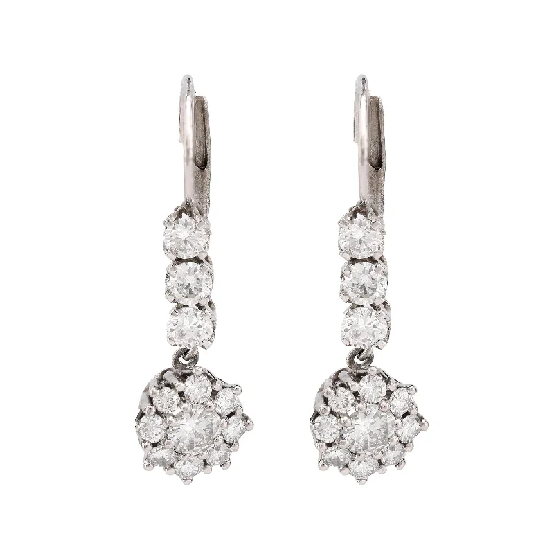 Crystal Earrings-Mid Century 2 carat total weight diamond platinum flower drop earrings