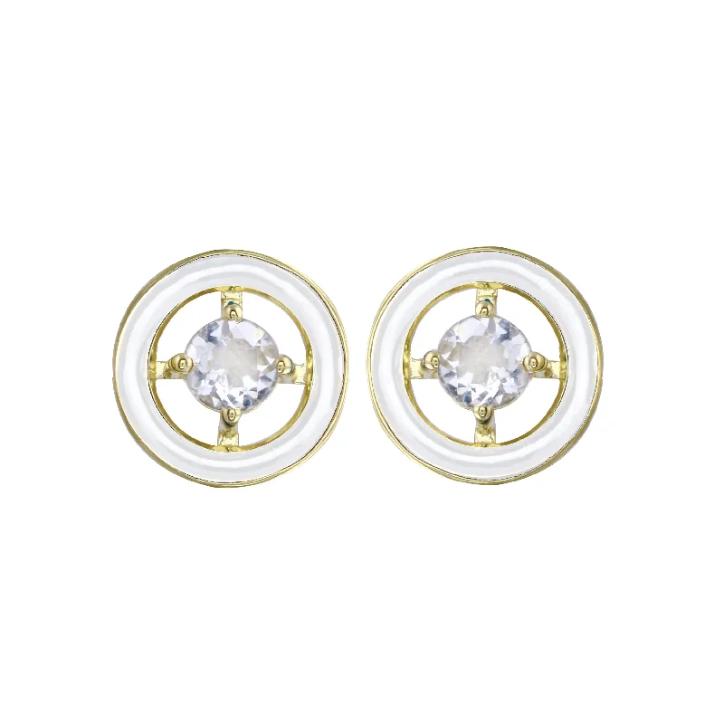 Large Earrings-White Zircon and Enamel Circle Stud Earrings