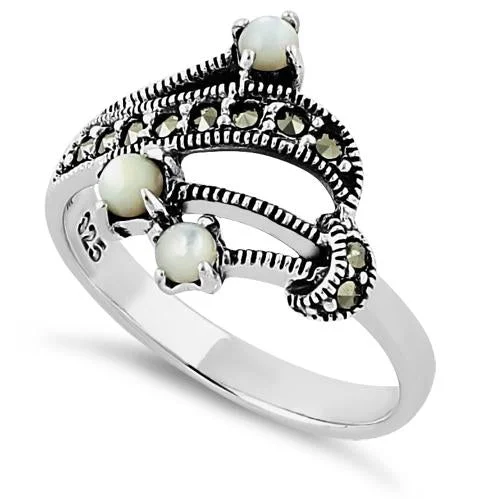 Engagement Rings for Men-Sterling Silver Mother of Pearl Marcasite Ring